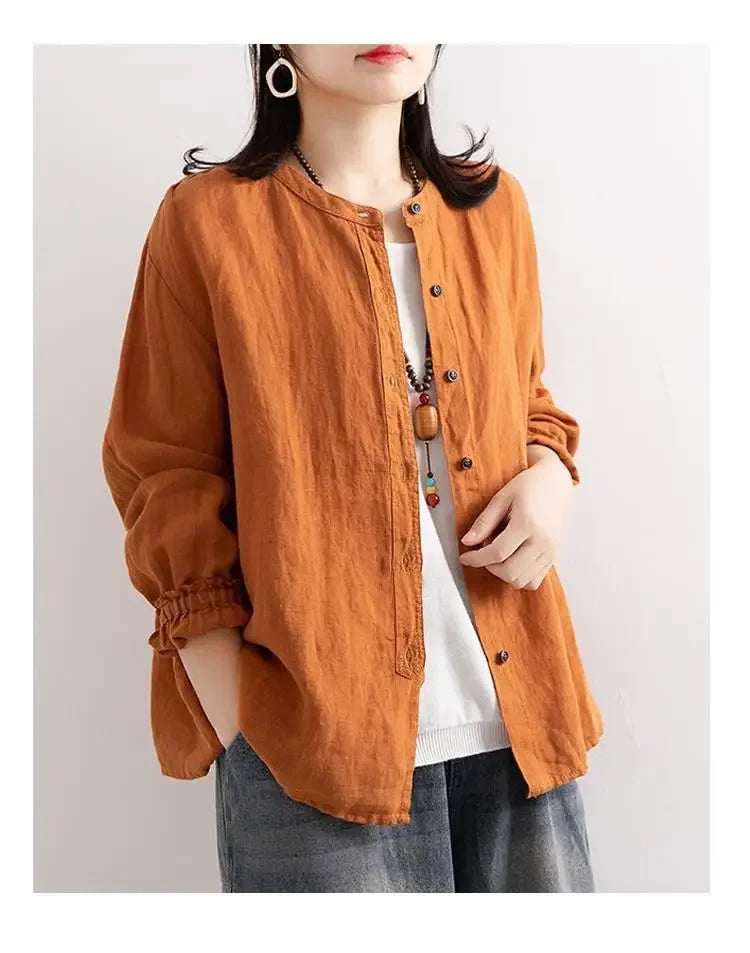 Women's Cotton Linen Shirts™ Loose Fit Round Neck Plus Lantern Sleeve Shirt