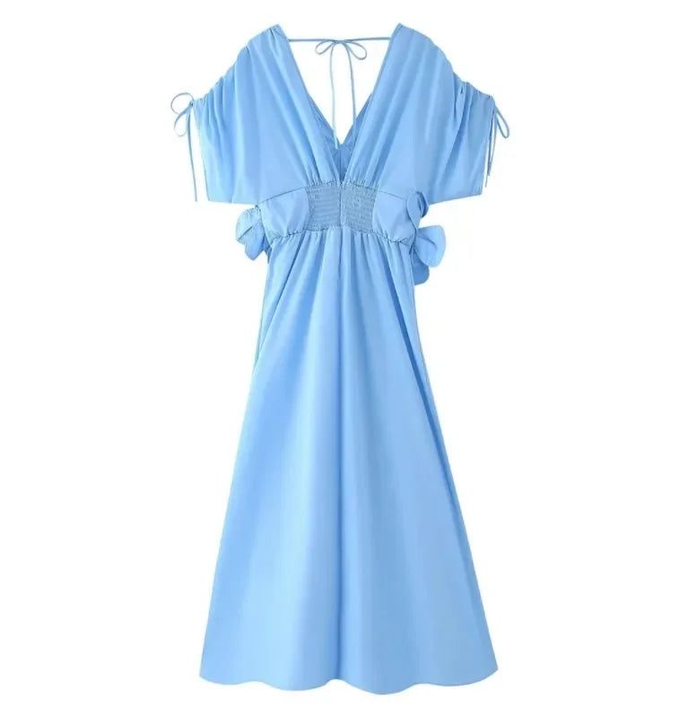 Women's V-Neck Blue Dress™ Waist-Fitted Bow-Decored Long Dress