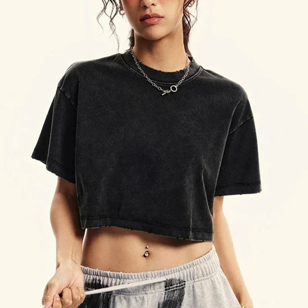 Women's Short Washed T-Shirts™ Soft Cotton Short Sleeve Retro Crop Tees