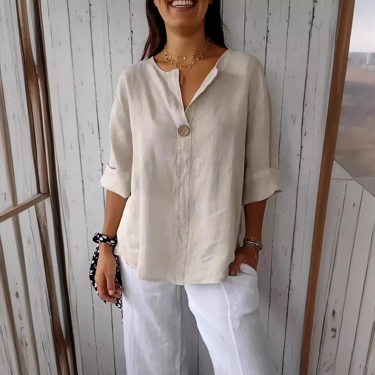 Women's Summer loose T-shirt™ V-neck cotton and linen button tops