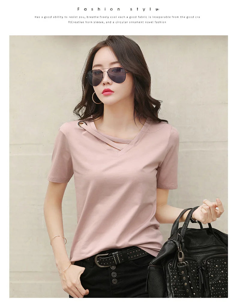 Women Short Sleeve Heart-neck T-shirt™ Half-sleeve Loose Tops
