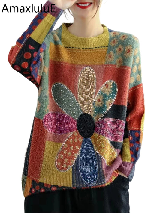 Women's Floral Casual Diamond Sweaters™ Vintage Loose Oversized Pullovers