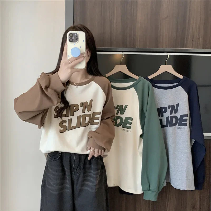 Women's Letter Printed T-Shirt™ Autumn Winter Thickened Frosted Color Block Shoulder Sleeve Lazy Loose Large Version Round Neck T-Shirt