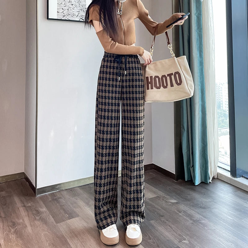 ITOOLIN Women's Plaid Tweed Pants™ Thicken Velvet Warm Wide Leg High Waist Pants
