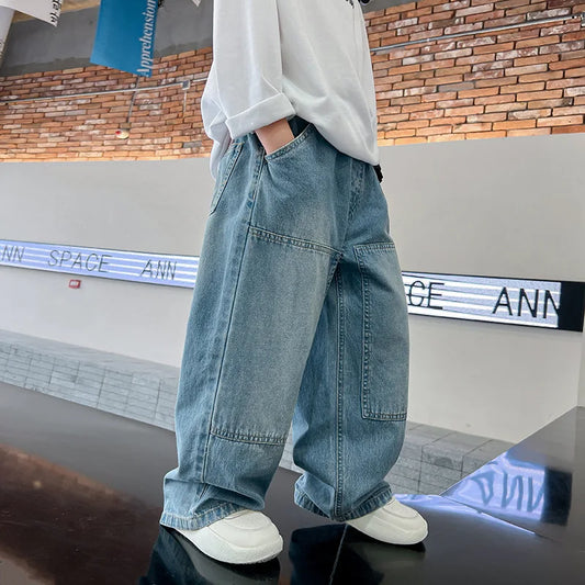 Boys Cargo Jeans™ Teenage Wide Leg Denim Loose Pockets Pants