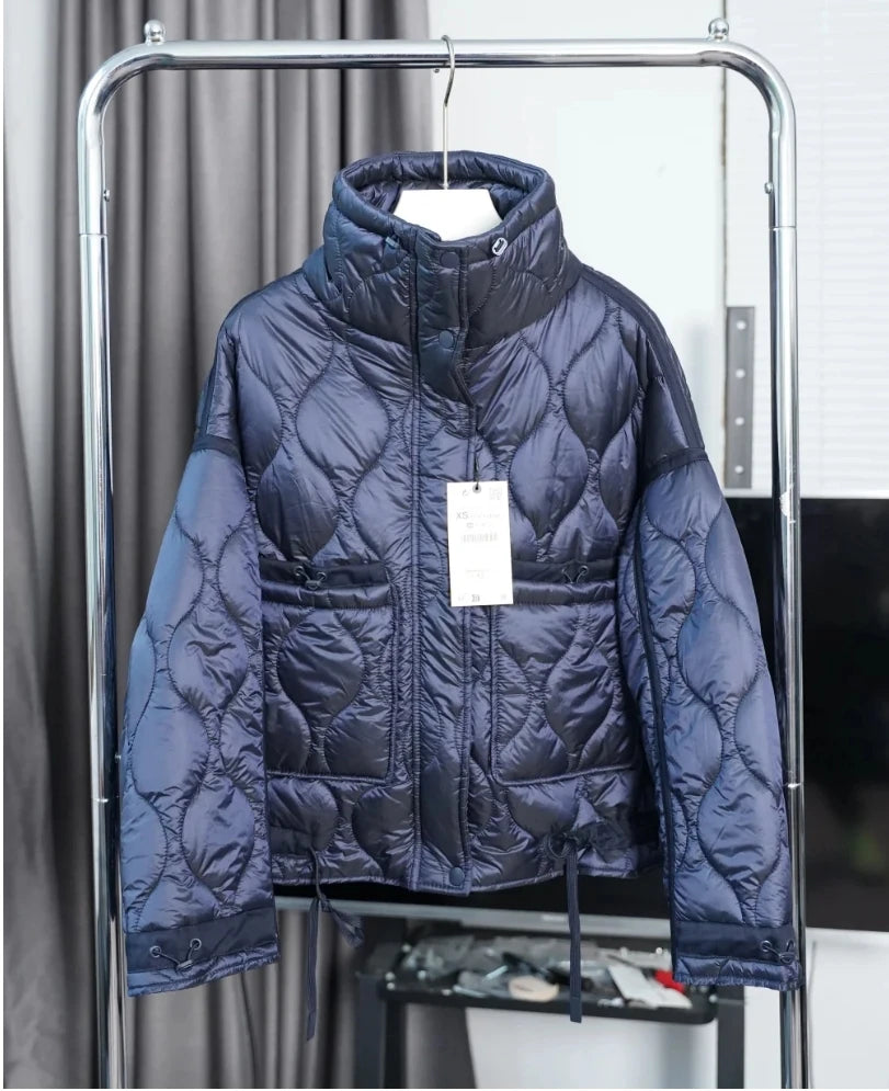 Women's Quilted Coat™ drawstring ties high neck pocket clip cotton jacket for women