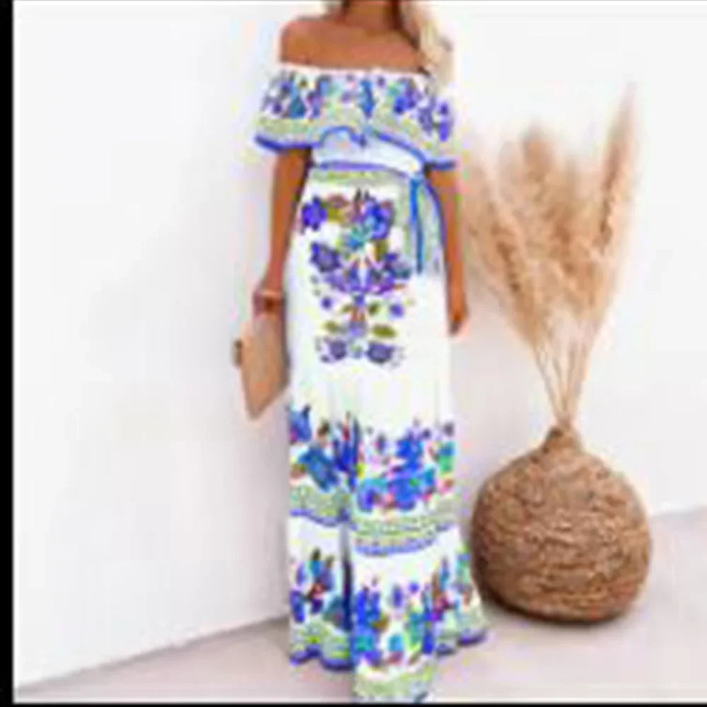 Women's Spring Summer Dresses™ Stand Off-shoulder Red Flower Printing Long Oversized Wide Hemline Sleeveless Dress