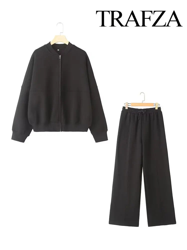 TRAFZA Women's Suits™ Retro Zip Bomber Jacket Sweatshirt and High Waist Lace Up Wide Leg Pants
