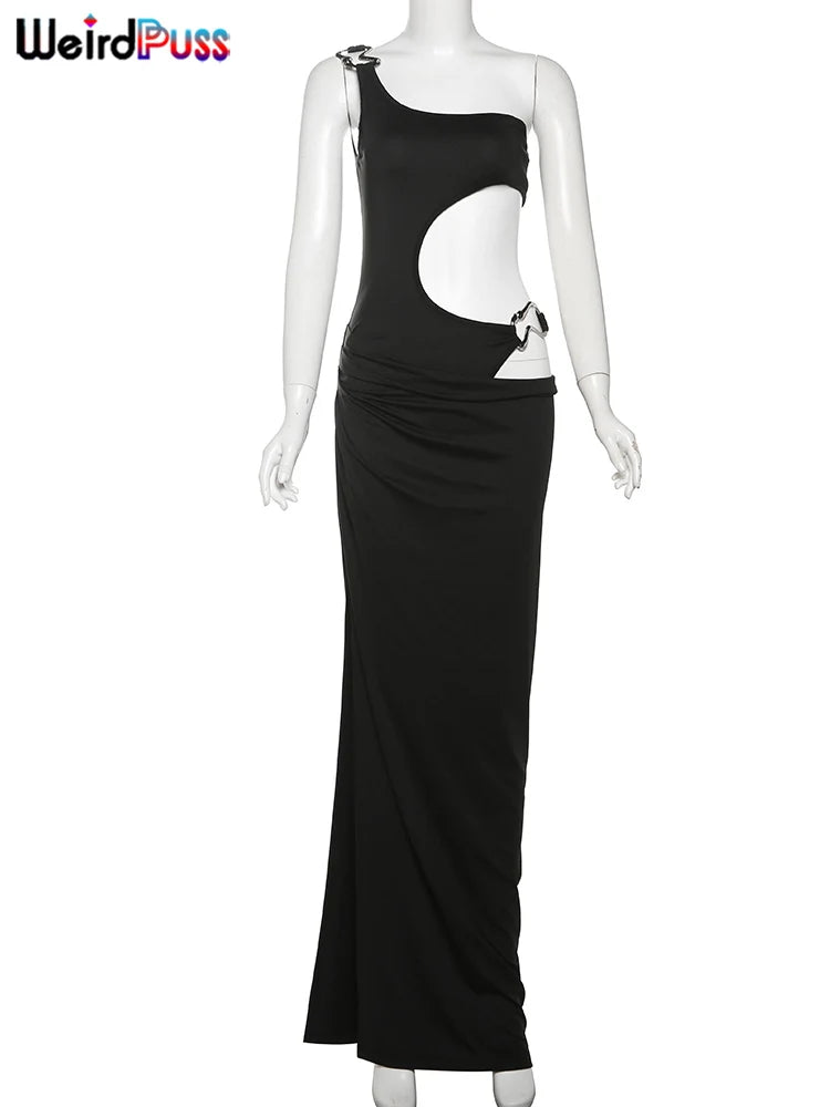 Women's Metal Buckle Dress™ Irregular Hollow Split One Shoulder Skinny Maxi Bodycon Dress
