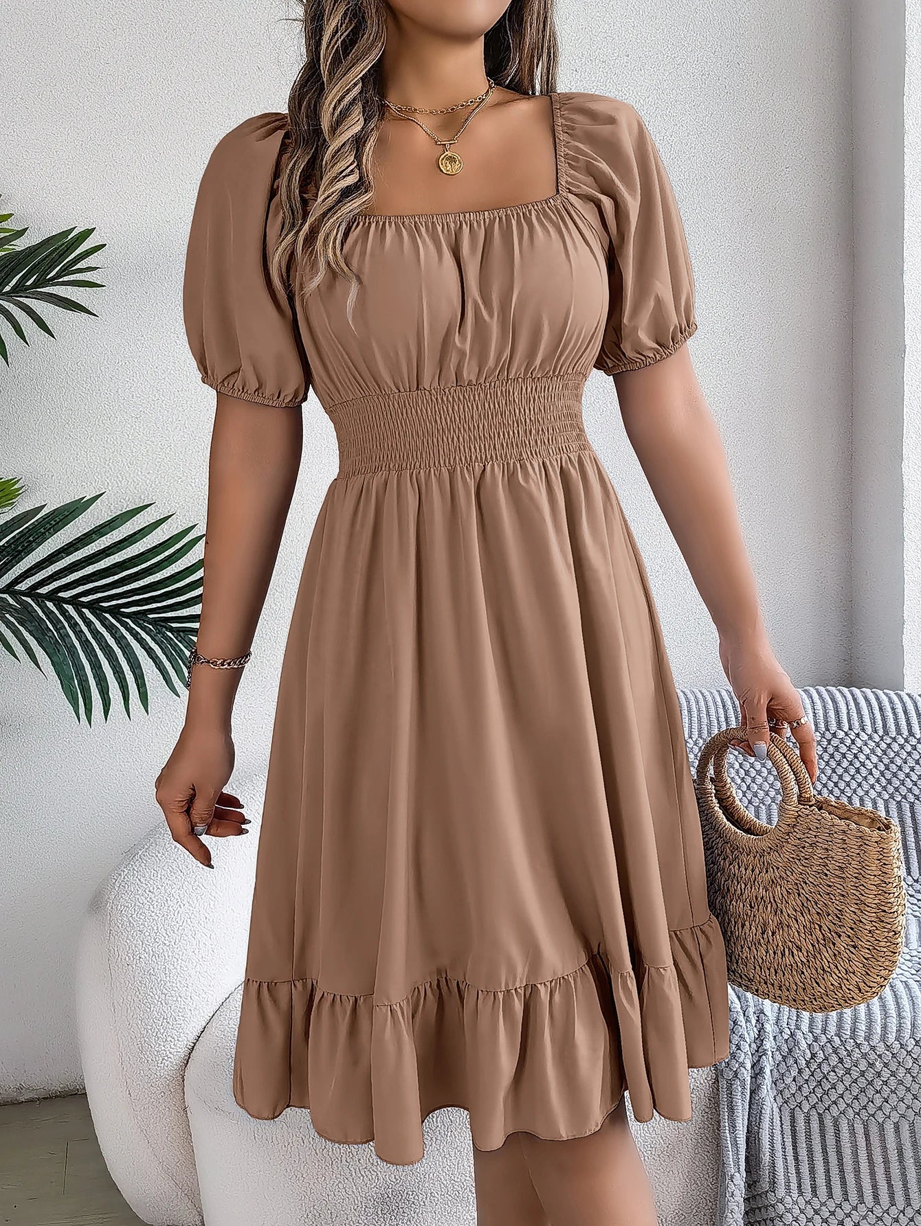 Women's Solid Puff Sleeve Square Neck Dress™ Ruched Bust Ruffle Hem Waist Dress,