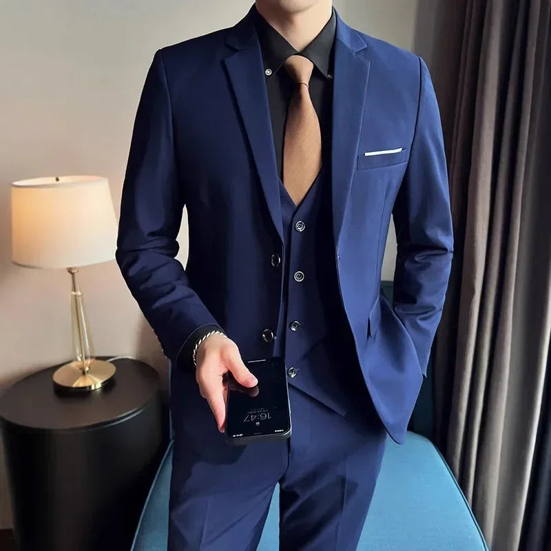 Men's Suit (Blazer+ Vest + Trousers) British Style Solid-color Suit