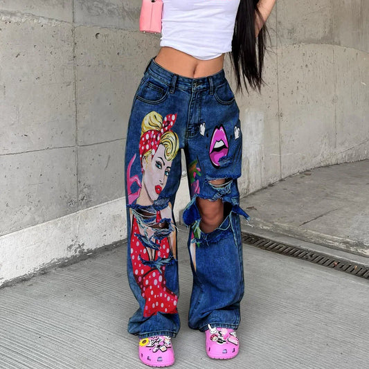 Women's Vintage High-Waisted Wide-Leg Jeans™ Printed Hollow Straight-Leg Trousers