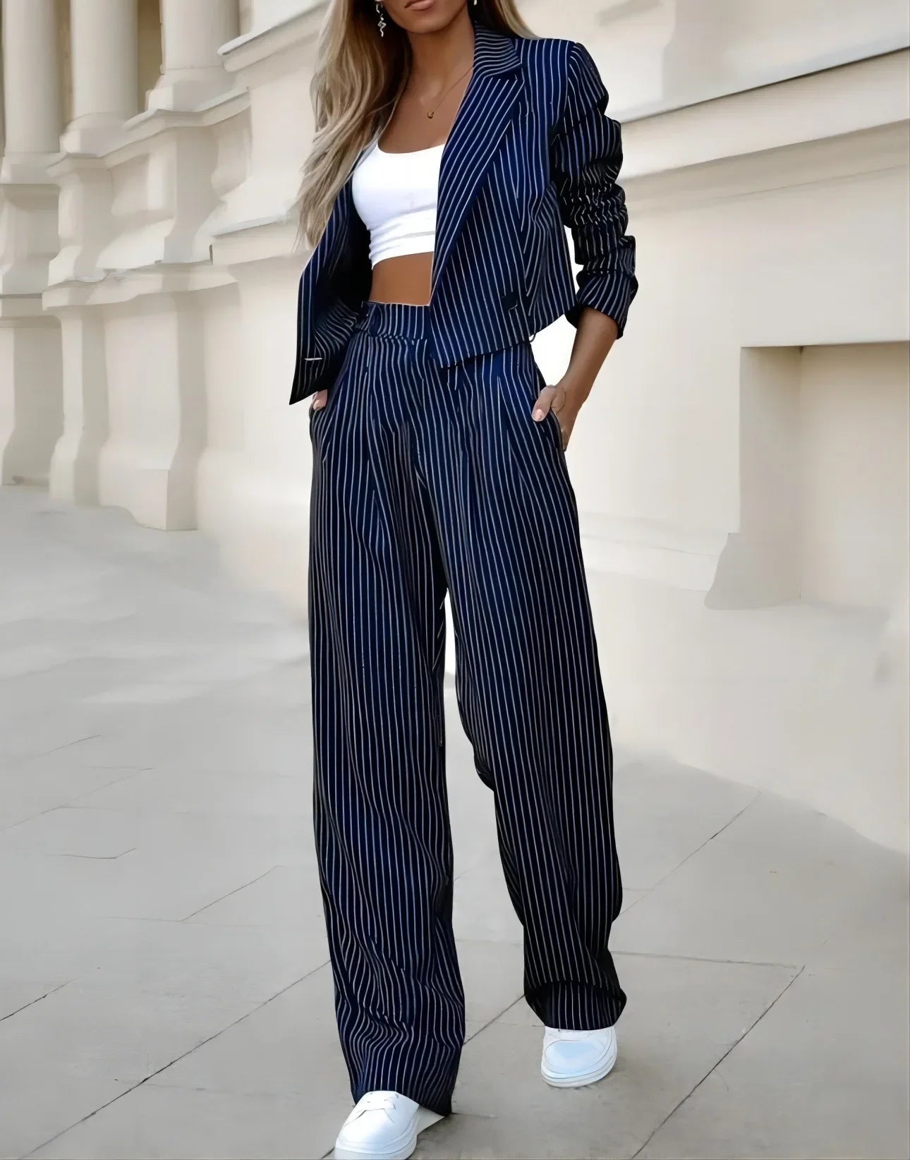 Women's Suit™  Europe and America Temperament Casual Striped Short Style Collar Suit Straight Leg Pants Set