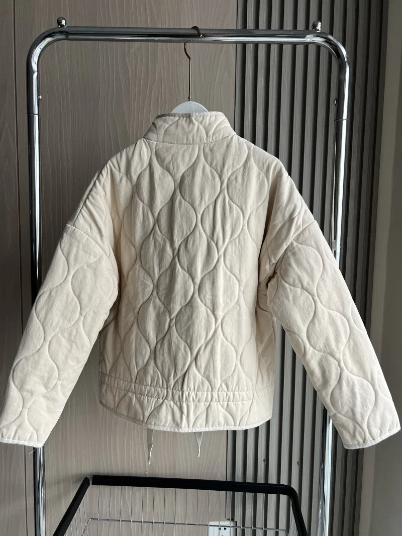 ZW Women's Cotton Jacket™ Traf New Arrival Vintage Lensing Rayon High Collar Large Pocket Quilted Coat