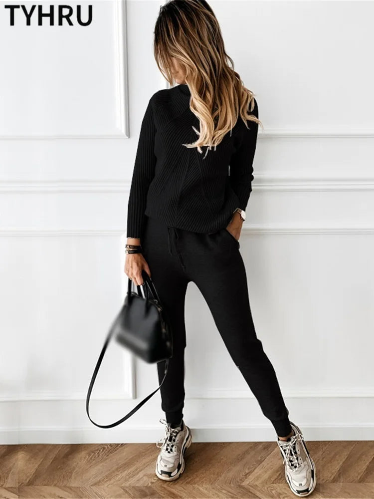 Women's tracksuit™ TYHRU Autumn Winter Knitted Striped Turtleneck Sweater and Elastic Trousers Set