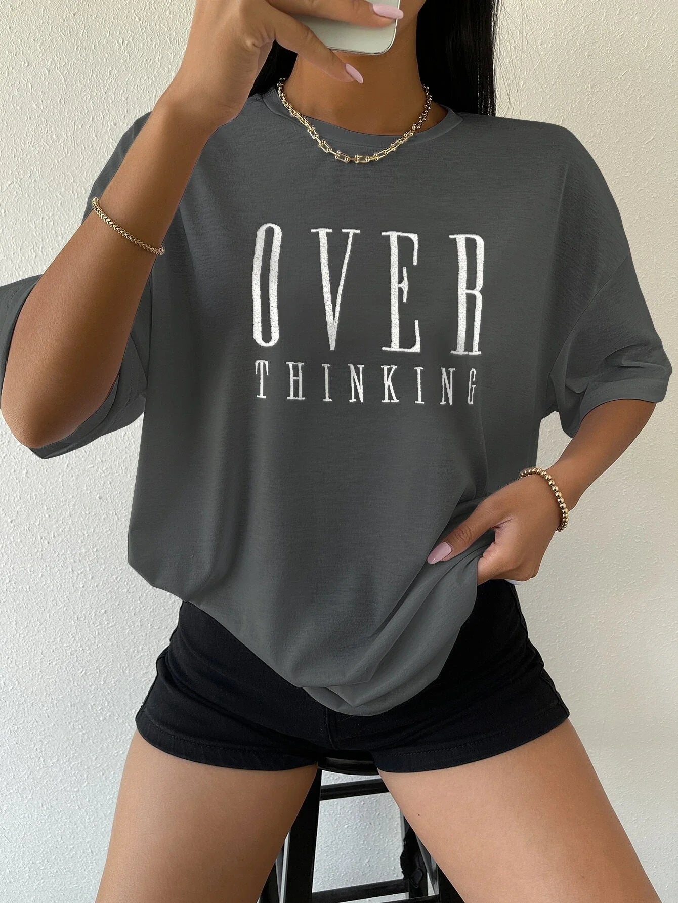 Over Thinking Letter Print Women's Cotton Short Sleeve Vintage T-shirt™ Breathable O-Neck T-Shirts