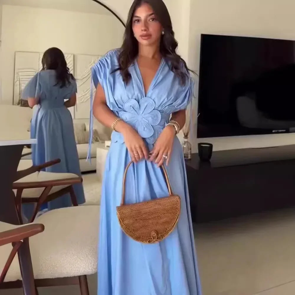 Women's V-Neck Blue Dress™ Waist-Fitted Bow-Decored Long Dress