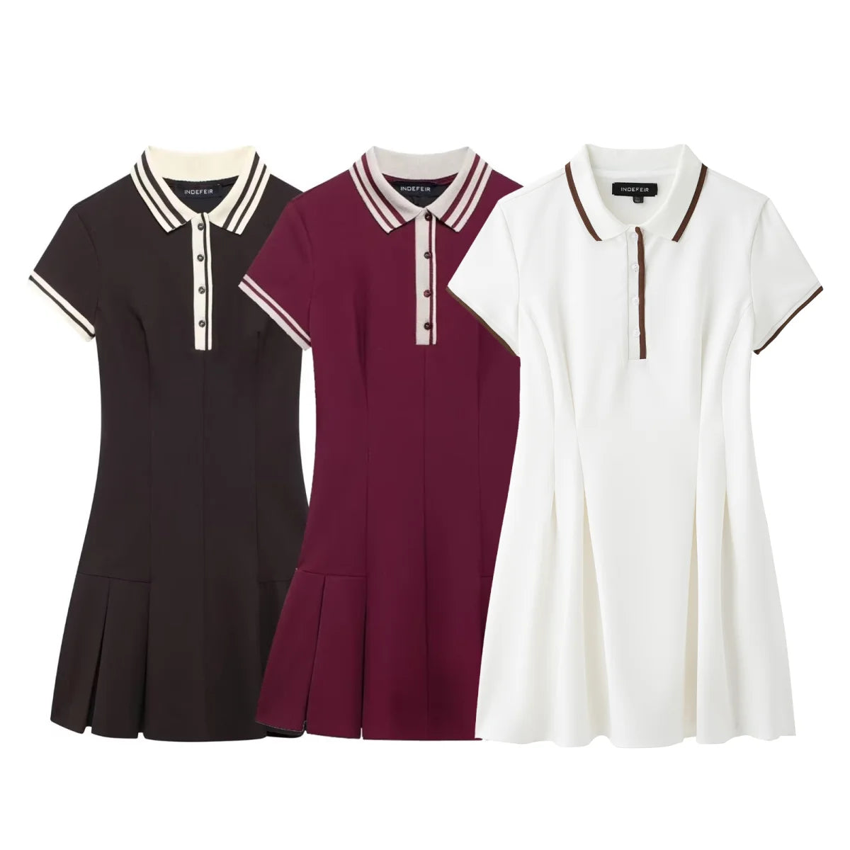 TRAFZA-Women's Burgundy Dress™ Contrasting Ribbed Lapel Buttons Classic Campus Dress