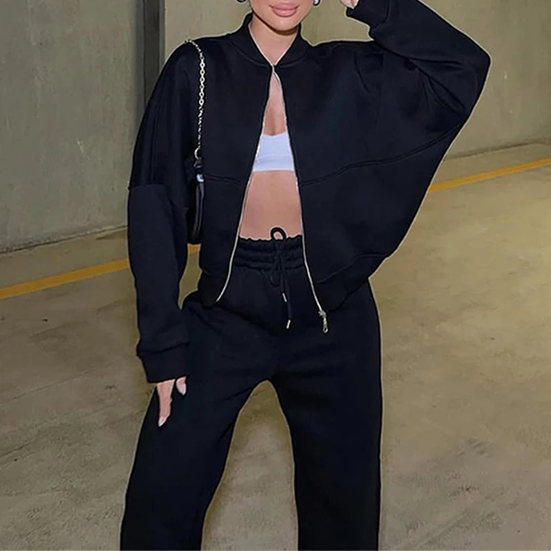 Women's BKLD Tracksuit Sets™ Zip-up Loose Cropped Cardigan + Drawstring Sweatpants