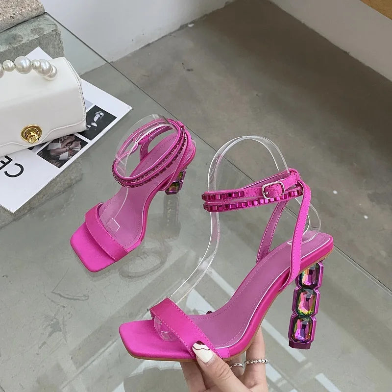 Women's Sparkly Stacked Crystal Heel Sandals™ Thin Embellished Ankle Straps High Heels