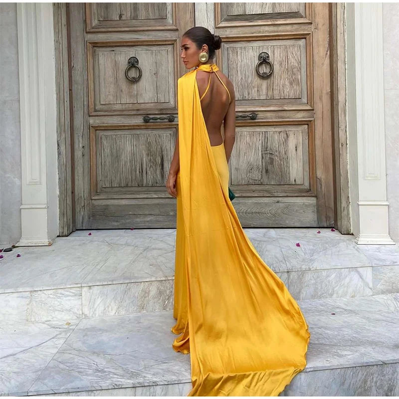 Women's Solid Ribbon Halter Dress™ Off Shoulder Sleeveless Backless Slim Maxi Dresses