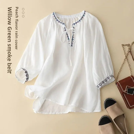 Women's Soft Cotton T-shirt™ V-neck 3/4 Sleeve Neckline Drawstring Summer Top