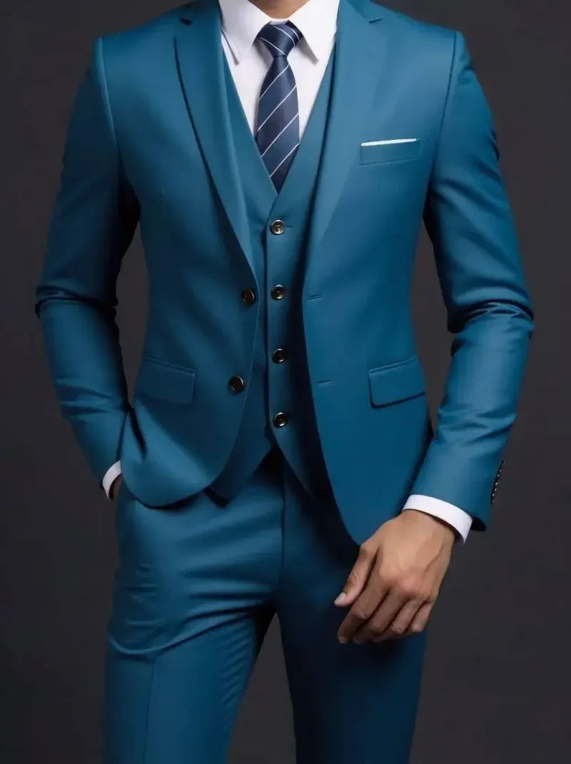 Men's Suit (Blazer+ Vest + Trousers) British Style Solid-color Suit