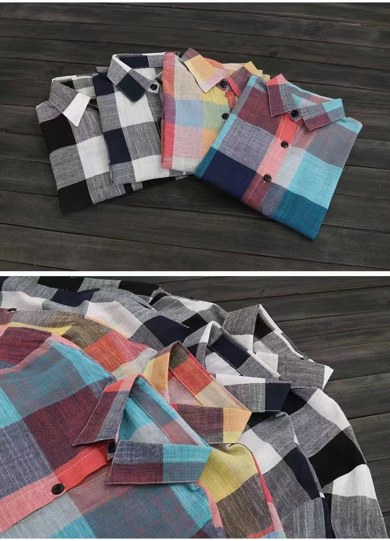 Women's Plus Size Loose Plaid Blouse™ Mid Length Long Sleeve Cotton Shirt Outwear