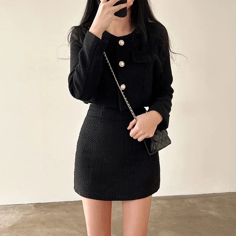 HELIAR Women's Jacket & Skirt Set™ Tweed Long Sleeve Pearl Buttons Short Jacket and A-line Mini Skirt Outfits