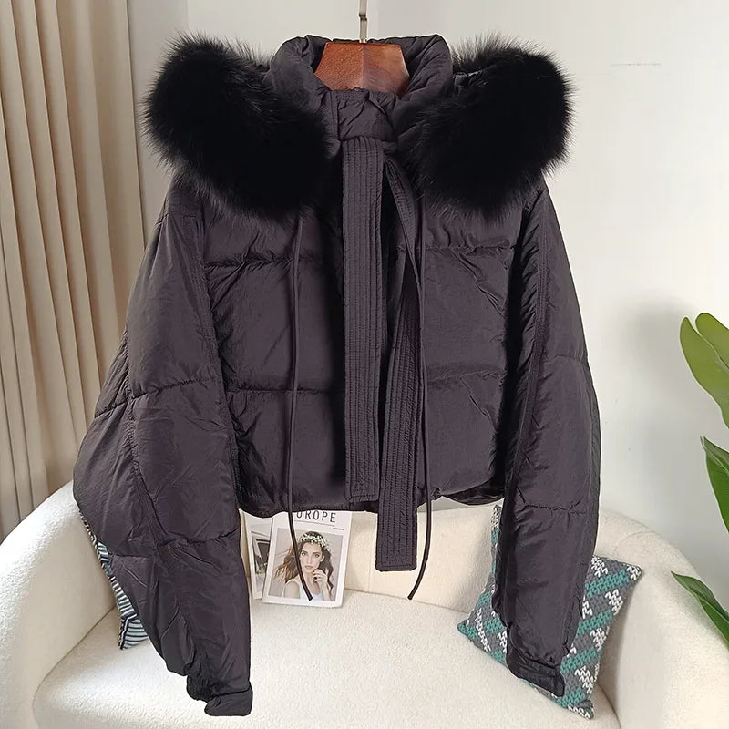 Women's Duck Down Loose Winter Jacket™ Real Fox Fur Raccoon Fur Collar Hooded Thick Warm Detachable Coat