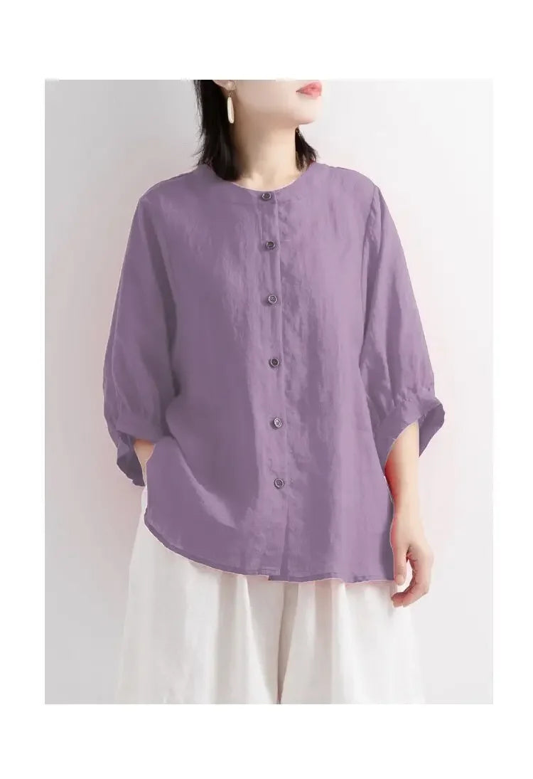 Women's Cotton Linen Shirts™ Loose Fit Round Neck Plus Lantern Sleeve Shirt