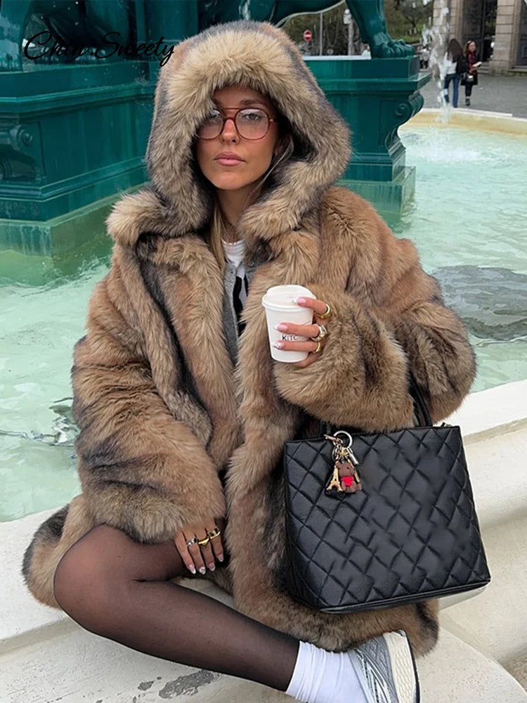 Women's Brown Faux Fur Hooded Coat™  Women Fluffy Loose Long Sleeve Furry Thick Warm Jacket