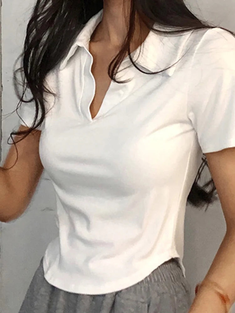 Women's Summer Short Sleeve Lapel Tops™ V-Neck Retro Slim Versatile Tee