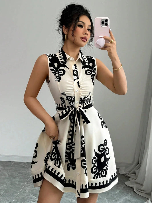 Women 's Strapless Floral Print Dress™ Sleeveless Swing Belted Waist Dress
