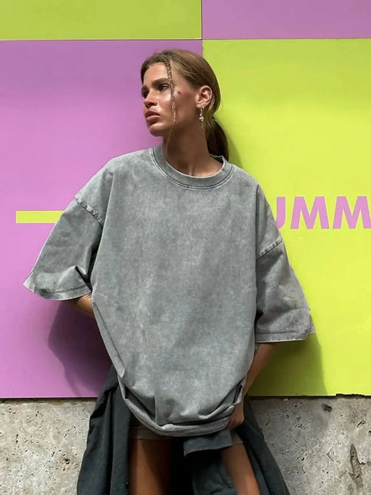 Women's Cotton Washed T-shirt™ O-Neck Oversized Solid Short Sleeve Tops