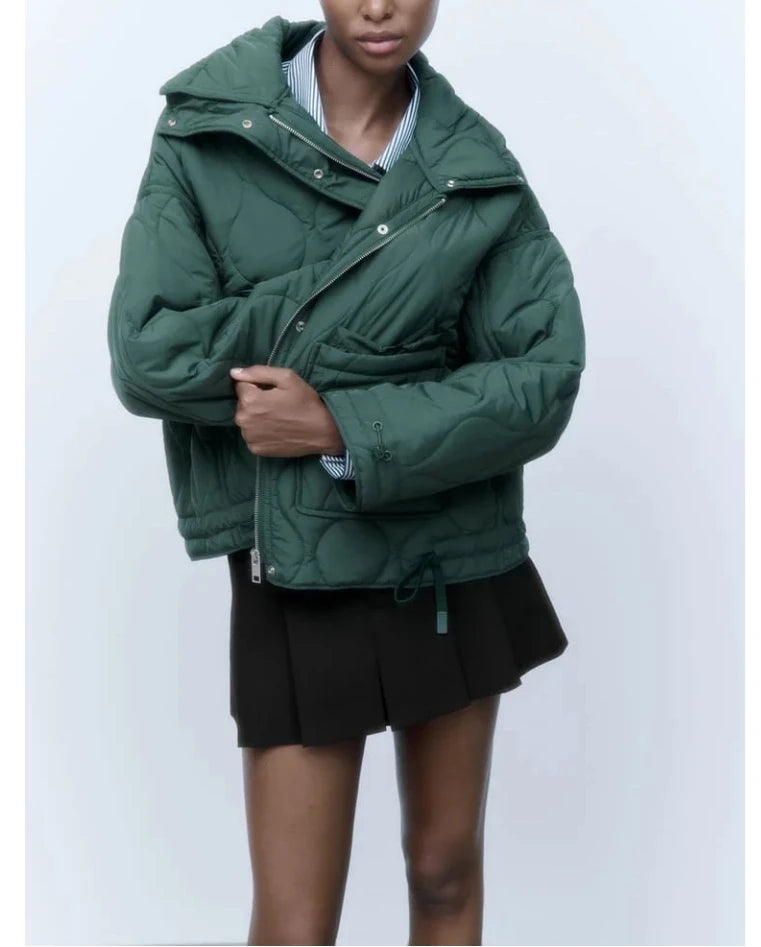 Women's Quilted Coat™ drawstring ties high neck pocket clip cotton jacket for women