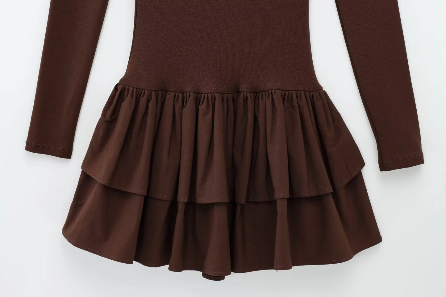 Women Dress™ TRAFZA Long Sleeve Dress Layered Hem Stretch Slim Brown Short Dress