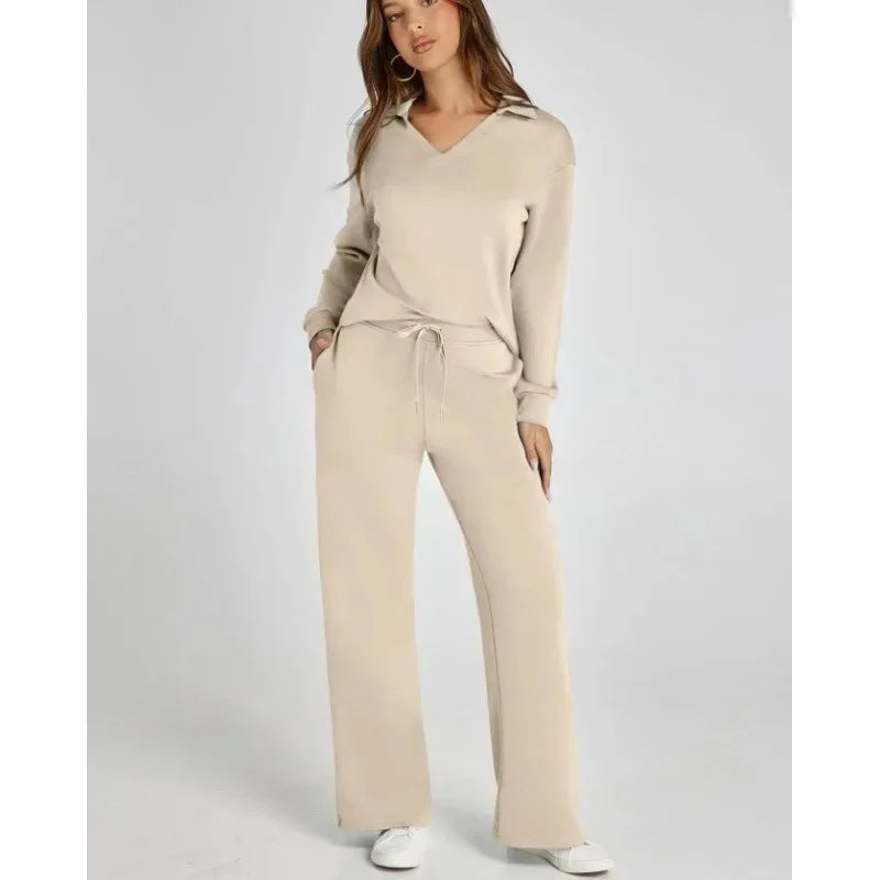 Women's 2 Piece Set™ Loose Long Sleeve V-Neck Top with Drawstring Elastic Waist Bell BottomsSet