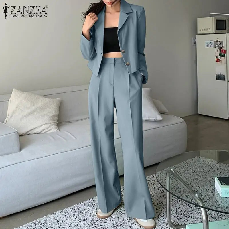 Women's Vintage Tracksuit™ ZANZEA Elegant Blazer Long Sleeve Tops Wide Leg Pants Work Suit