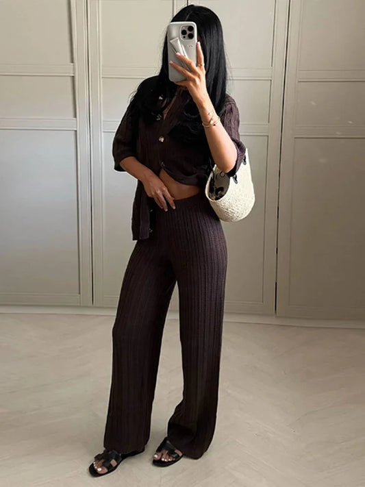 Women's Knitted Pants & Tops Set™ Turn Down Collar Half Sleeve Tops & Elastic Waist Straight Trousers Outfits