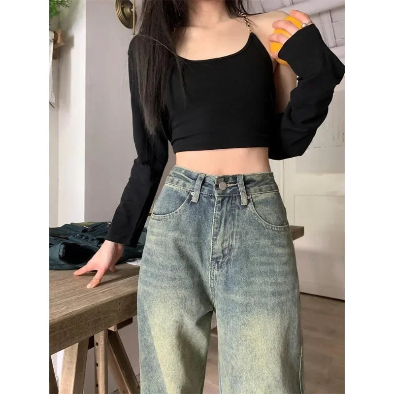 Women's Baggy Jeans™ Y2K Vintage Irregular High Waist Slimming Wide Leg Mop Long Pants Blue Baggy Jeans