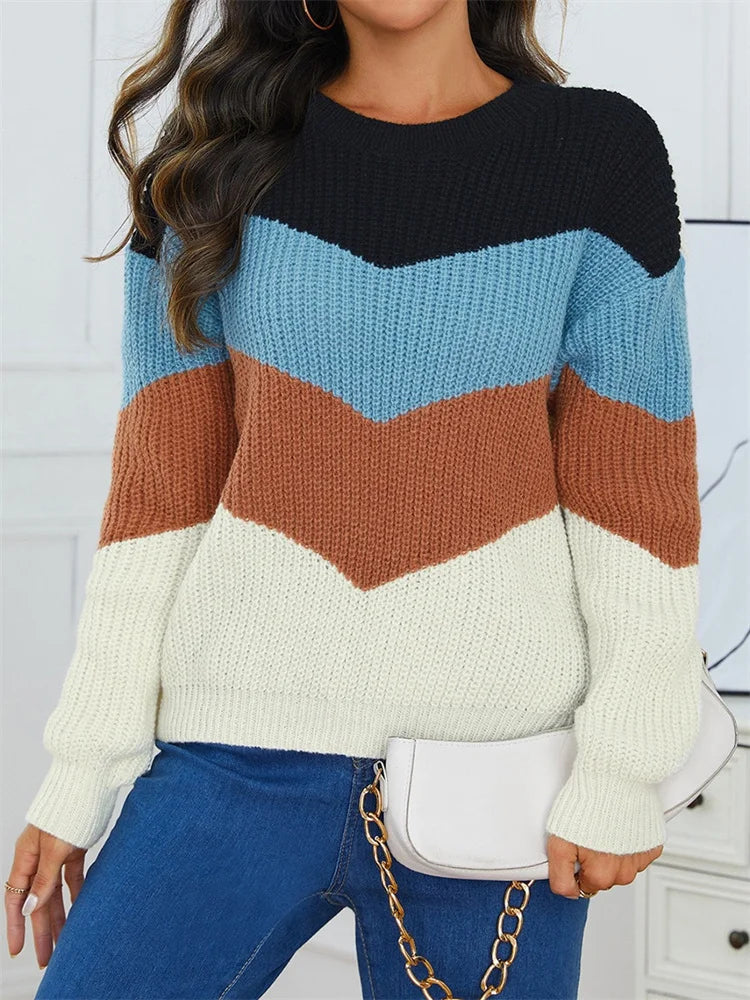 Women's O Neck Sweater™ Splicing Color Striped Long Sleeve Knitwear
