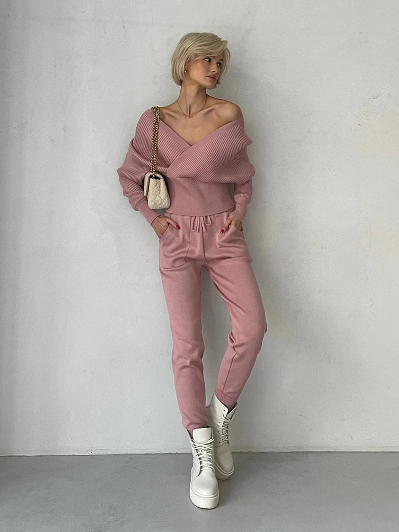 Women's Knitted Tracksuit™ Off Shoulder Knitted Long Sleeve Sweater  and Pants Suits