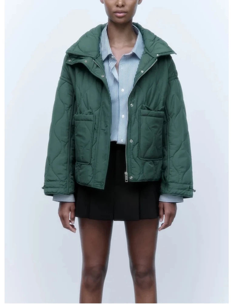Women's Quilted Coat™ drawstring ties high neck pocket clip cotton jacket for women