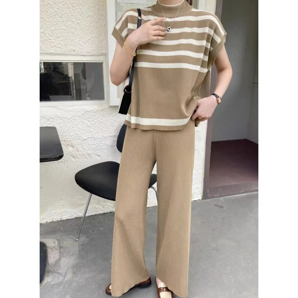 Women's Summer Suit™ 2 Pieces Set O-Neck Sleeves Tank Top Stripe Sweater Wide Leg Pant Set Outfit
