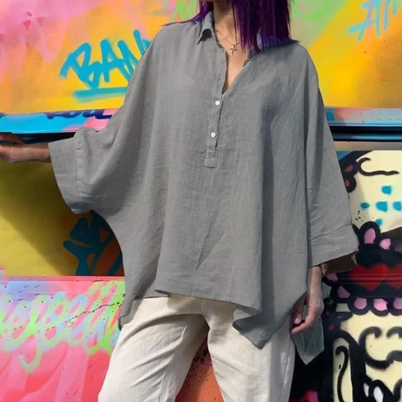Women's Vintage Loose Cotton Shirts™ Punk Style Batwing Sleeve Polo Neck Blouses