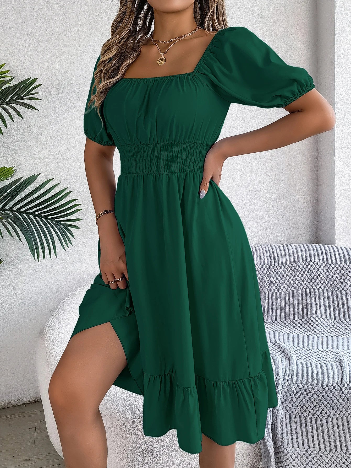 Women's Solid Puff Sleeve Square Neck Dress™ Ruched Bust Ruffle Hem Waist Dress,