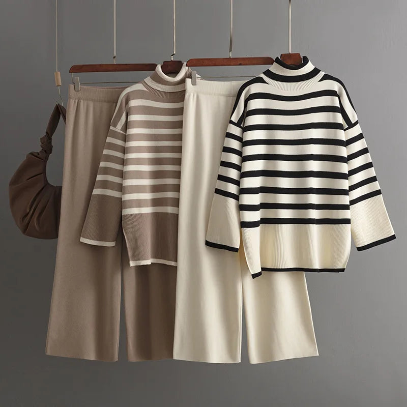 Women's Suits™ SINGREINY Striped Turtleneck Sweater High Waist Wide Leg Pants Knitted Loose Suits