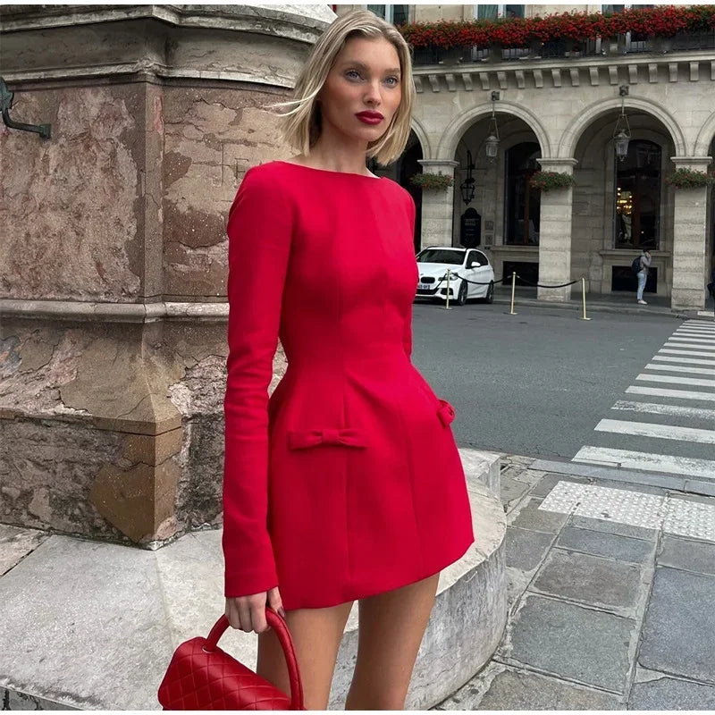 Women's Red Dress™ Double Bow Round Neck Long Sleeve Mini Dress Slim Fit High Waist Dress