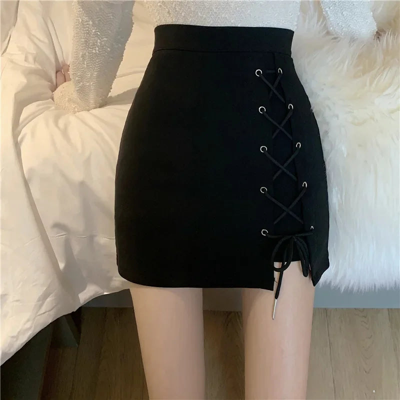 Women's Shorts Skirts™ High-waisted Slimming A- line Black Cross-body Tied Irregular Short Skirt